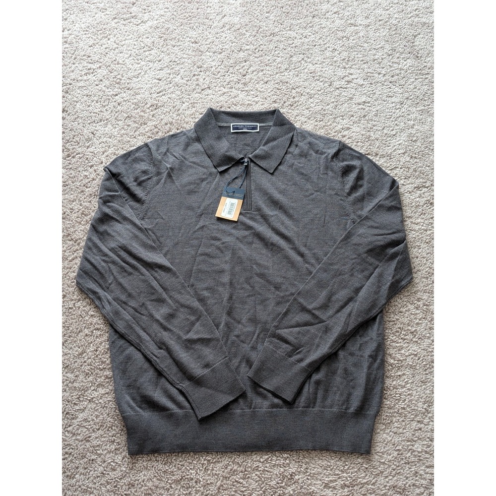 Charles Tyrwhitt Pure Merino Zip Polo Neck Jumper Mens Medium Gray NWT Preppy